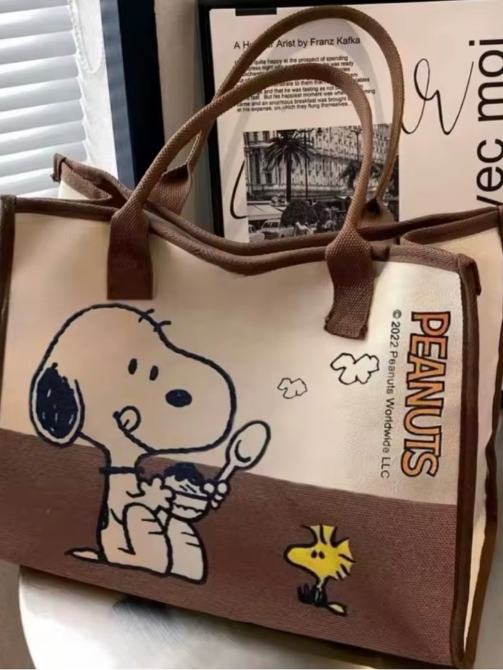 Peanuts Canvas Tote Bag in Brown, Cream & Yellow Featuring Snoopy and Woodstock